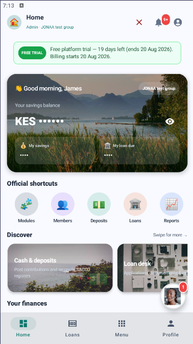 Nichomez Android home — savings balance, free trial banner, and official shortcuts