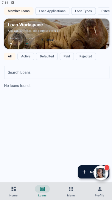 Nichomez Android loan workspace — applications, types, and portfolio filters