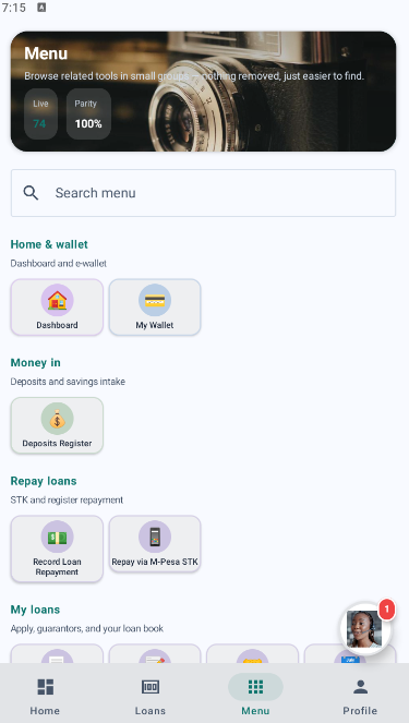 Nichomez Android menu — wallet, deposits, and M-Pesa STK repayment