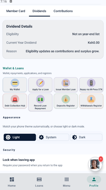 Nichomez Android profile — dividends, wallet shortcuts, and appearance