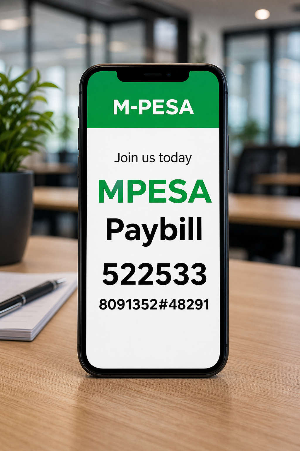 M-Pesa Paybill 522533 — account 8091352#tenantCode for member deposits